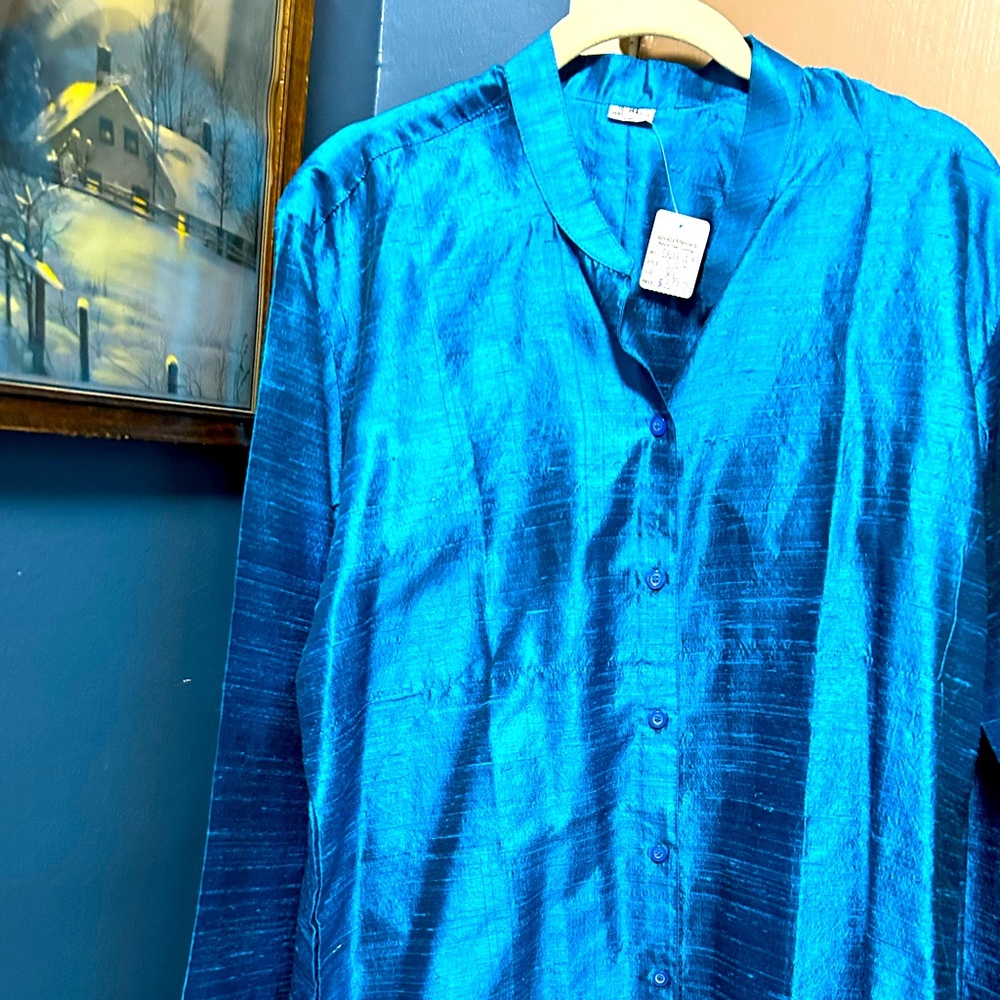 Govinda’s Imports Dupioni Silk Tunic Shirt XL Blue NWT 100% Silk